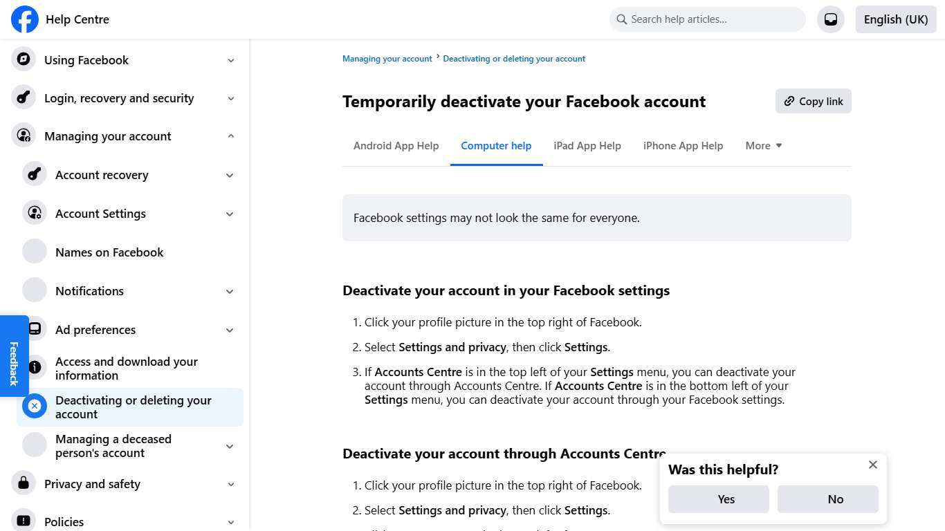 Temporarily deactivate your Facebook account Facebook Help Centre